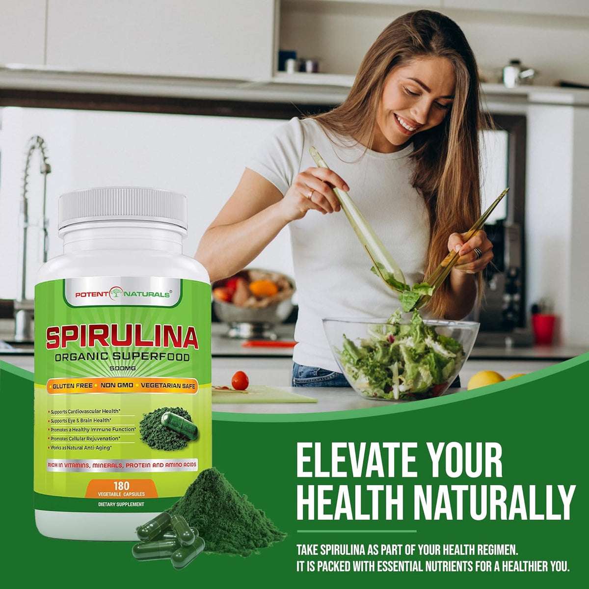 Organic Spirulina 3000mg Dietary Supplement, 180 Capsules E404