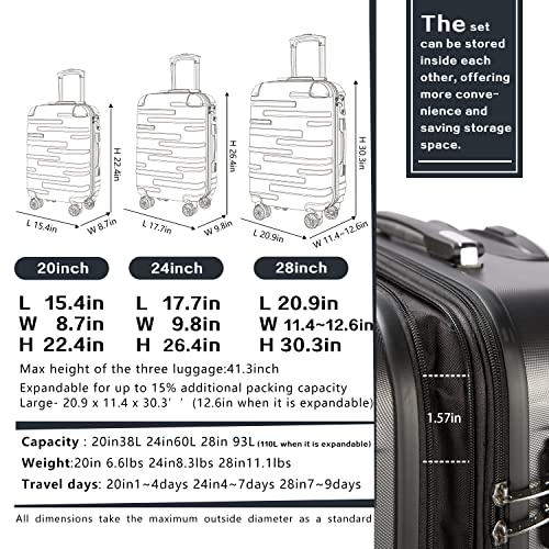 3 Piece Expandable Suitcase Set with TSA Lock Spinner 20in 24in 28in Purple V865894