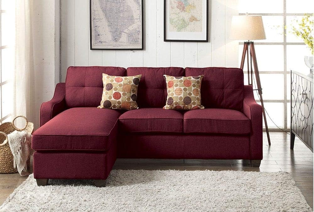 Red Linen Sectional Sofa with 2 Pillows F885