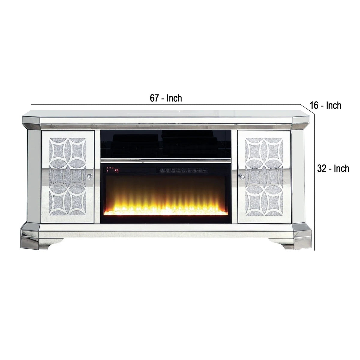 Mirrored TV Stand with Fireplace and 2 Storage Doors R7565