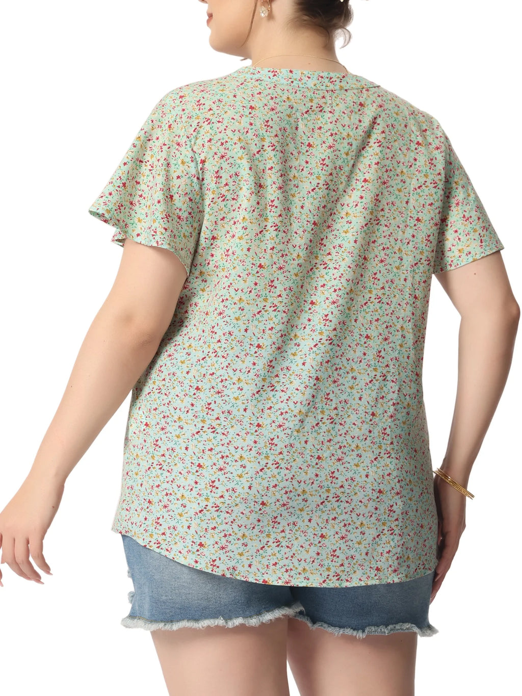 Plus Size Button Down Flare Short Sleeve Chiffon Blouse E414