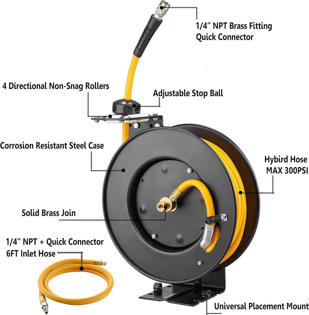 Steel Retractable Air Hose Reel 3/8" Inch x 50' Feet Hybrid Polymer Hose K3474