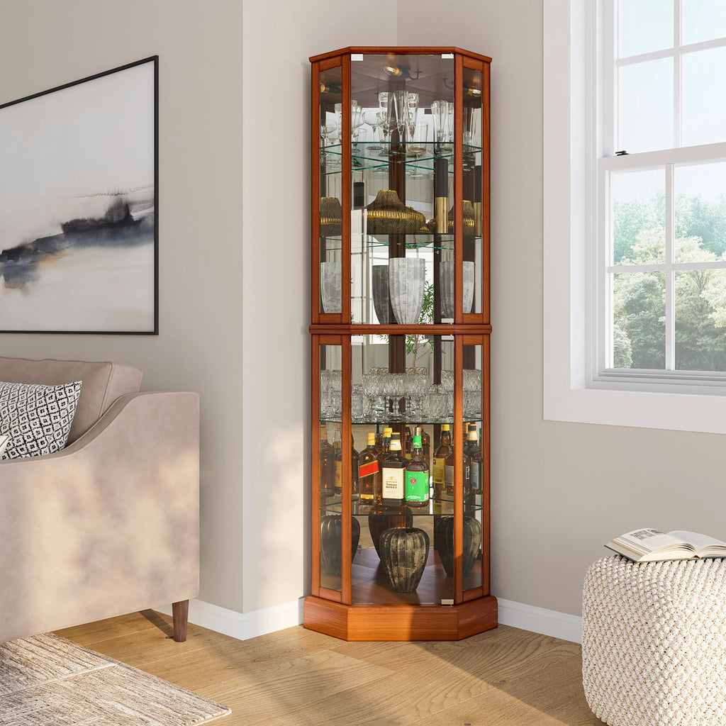 Lighted Corner Curio Cabinet with Tempered Glass Doors and Shelves J645912
