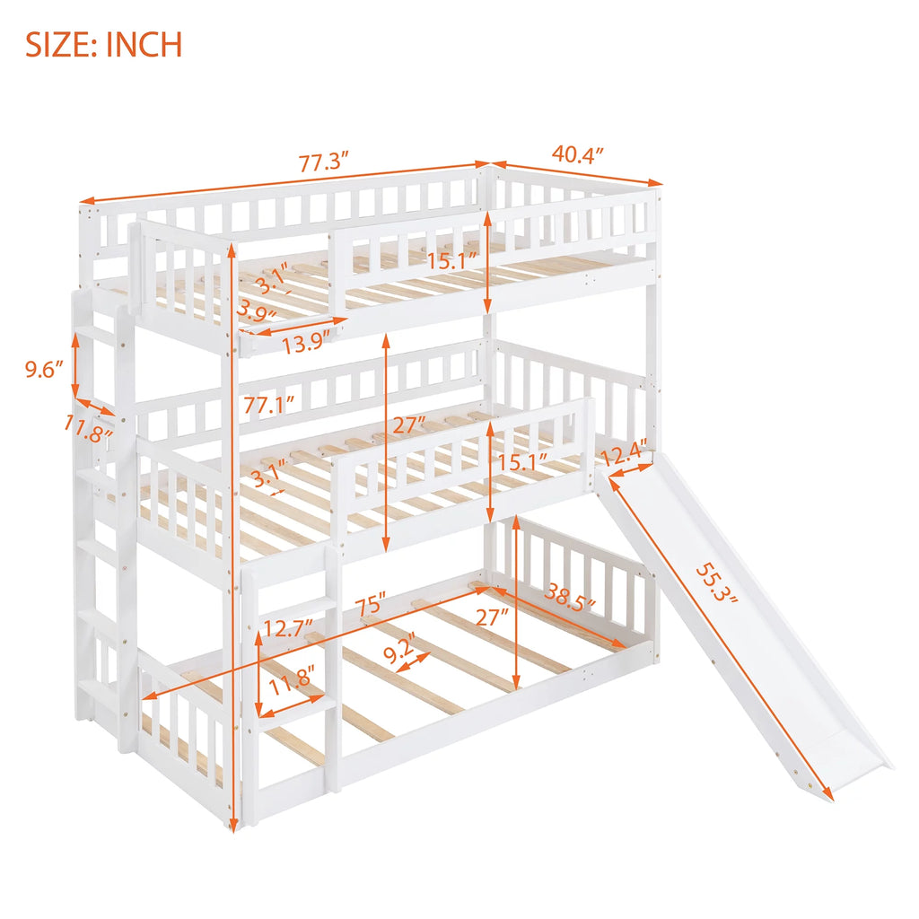 White Wood Triple Bunk Bed with Slide and Ladder C2161