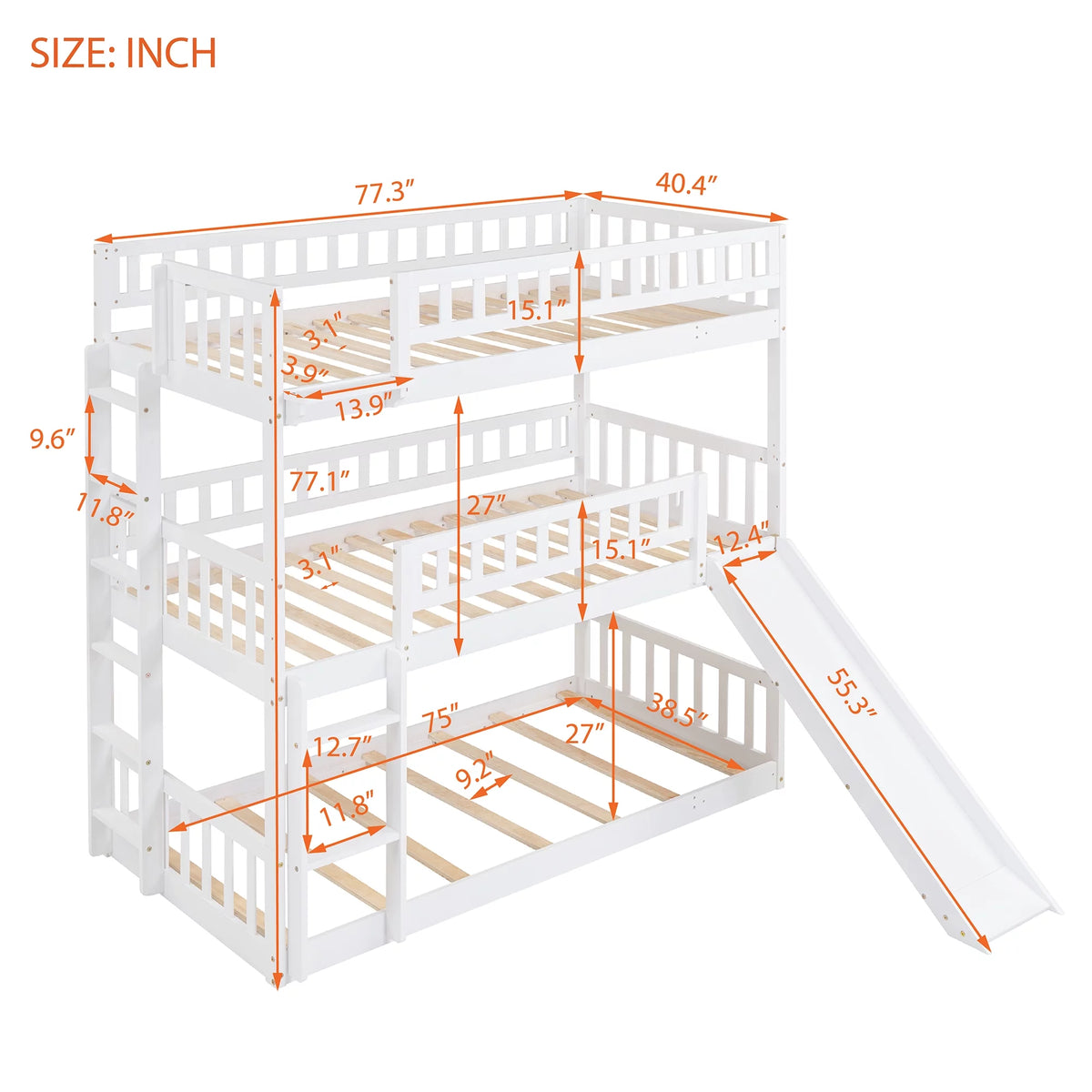 White Wood Triple Bunk Bed with Slide and Ladder C2161