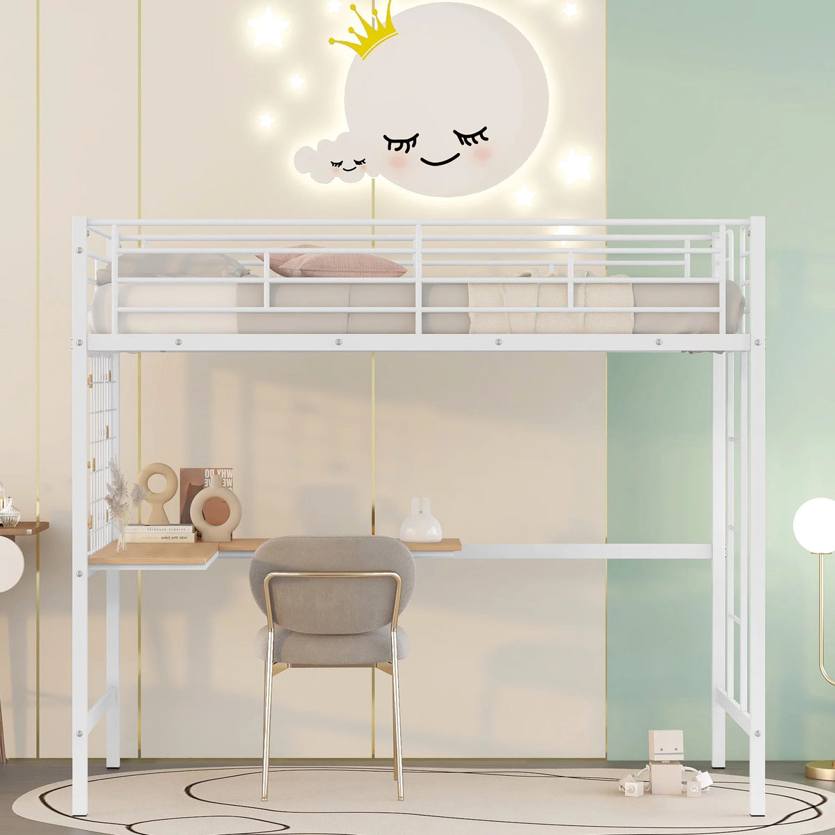 White Twin Metal Loft Bed with Desk, Ladder and Guardrail P976769