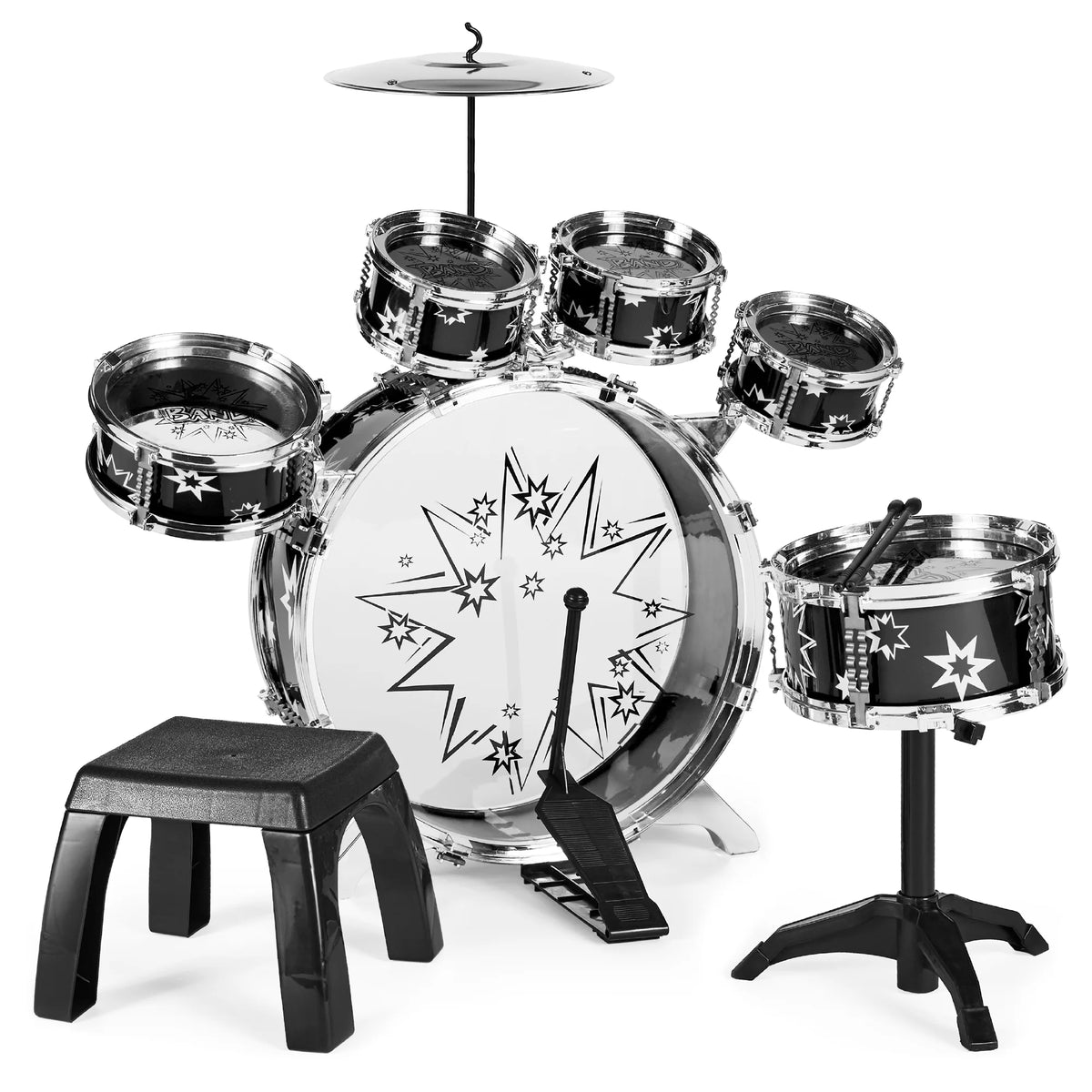 11-Piece Kids Drum Set with Stool and Drumsticks Y49298