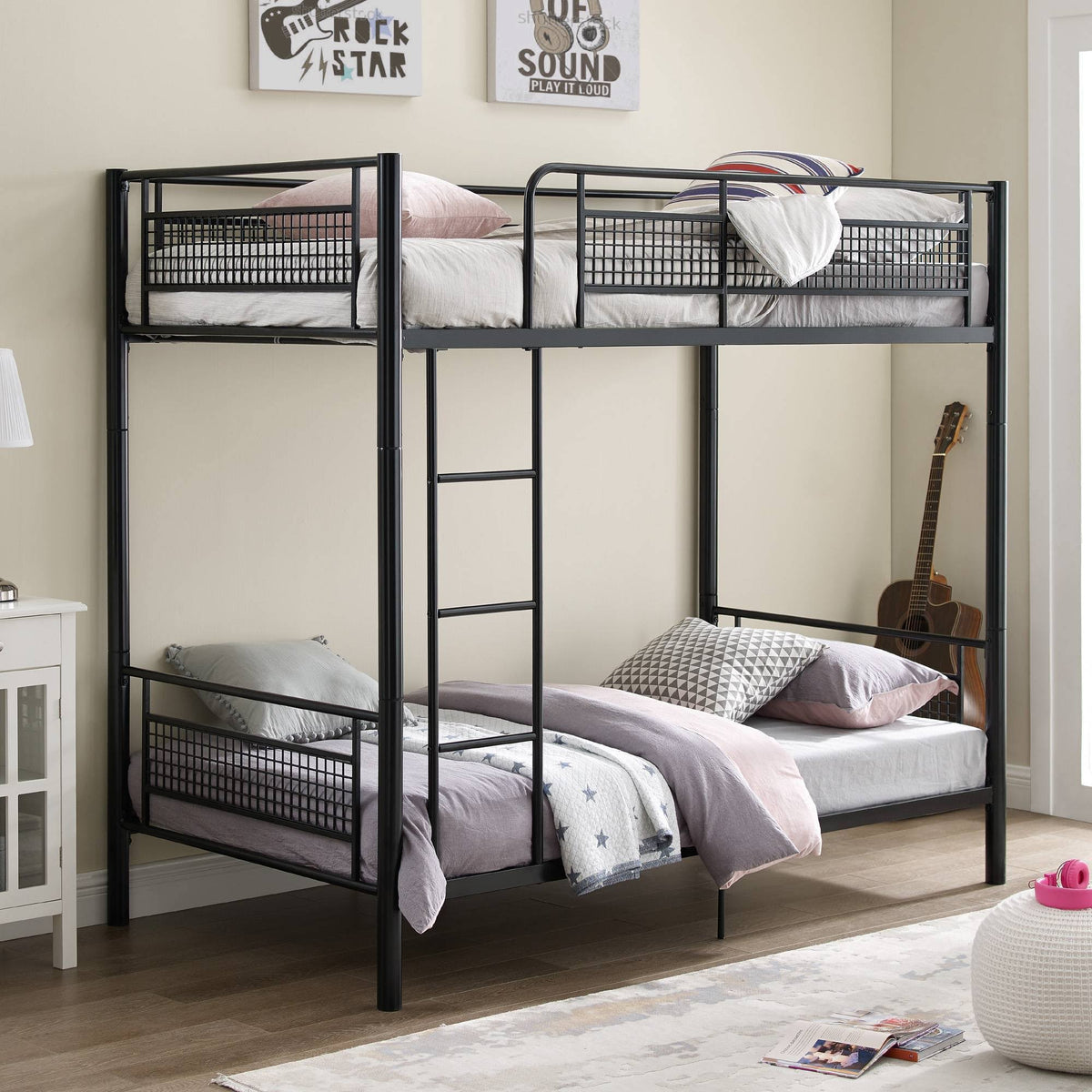 Twin Over Twin Metal Mesh Frame Bunk Bed Black H97104