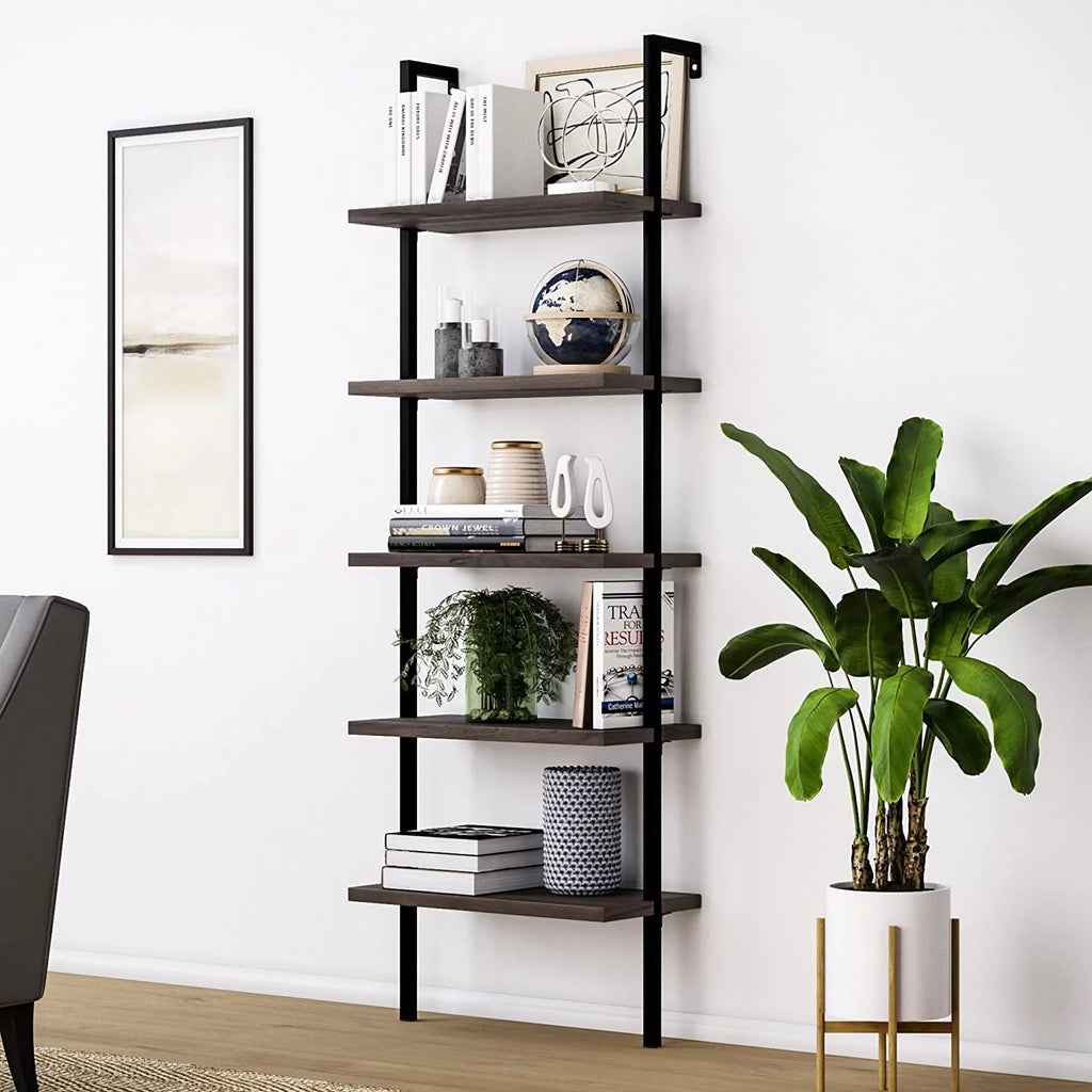 5-Shelf Wood Ladder Bookcase with Metal Frame J80094