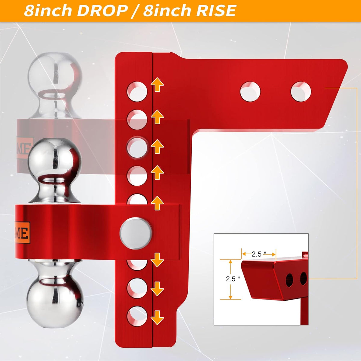 Adjustable Aluminum Trailer Hitch, Fits 2.5-Inch Receiver, 8-Inch Drop/Rise, 18,500 LBS GTW, Red E399