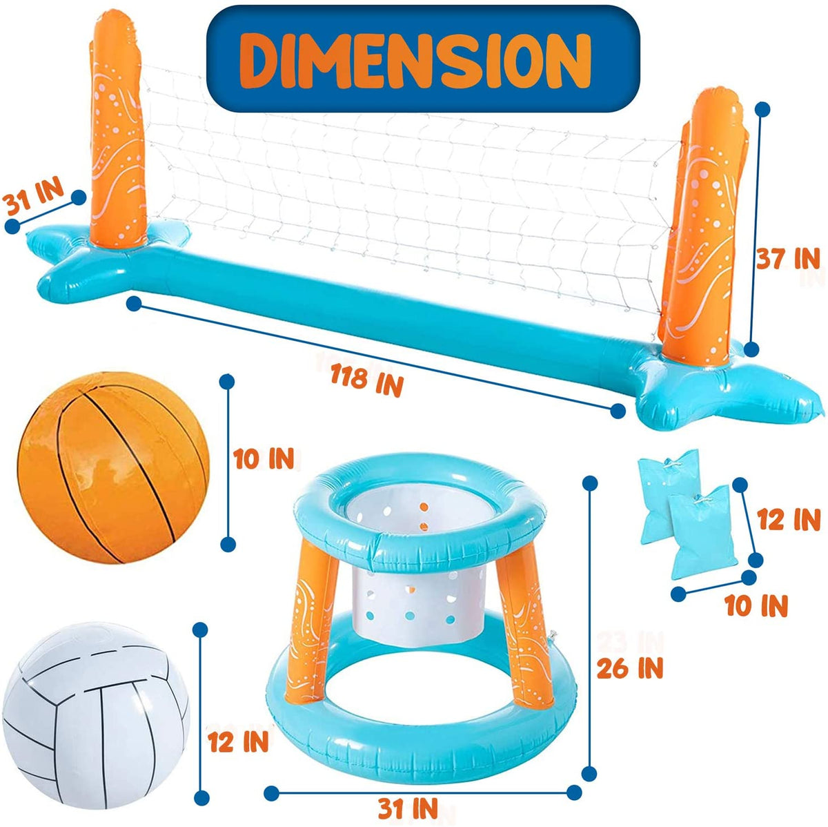 Inflatable Pool Basketball Hoop and Volleyball Set with Pool Net, Weight Bags, Light Blue H7306