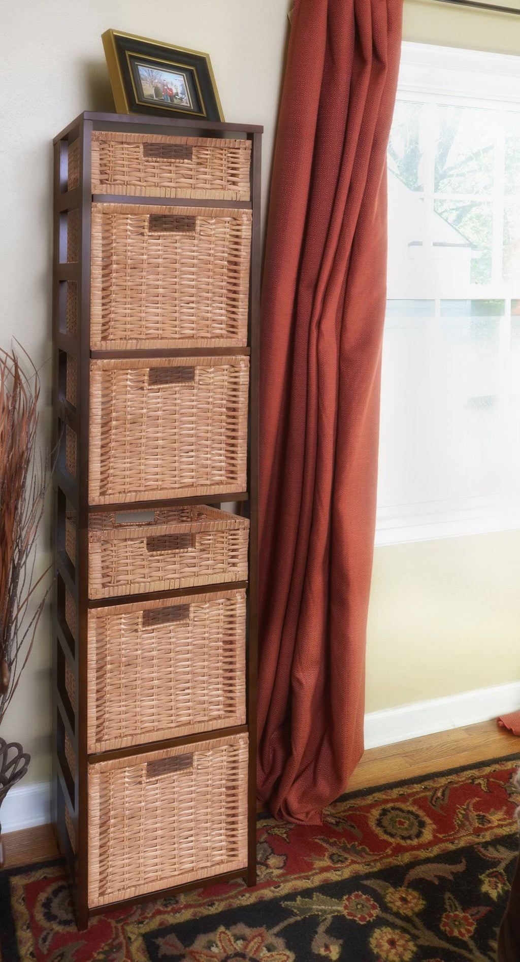 White/Natural Square Folding Bookcase with Wicker Storage Baskets H865
