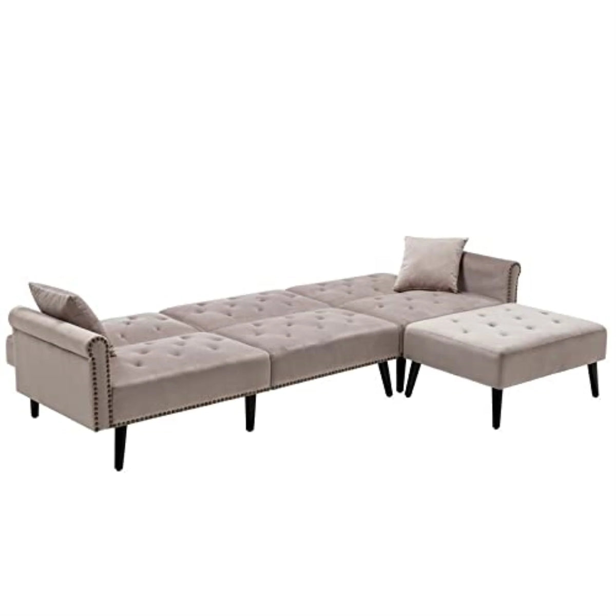 Silver Gray Velvet Sofa Bed with Ottoman and 2 Accent Pillows J504965