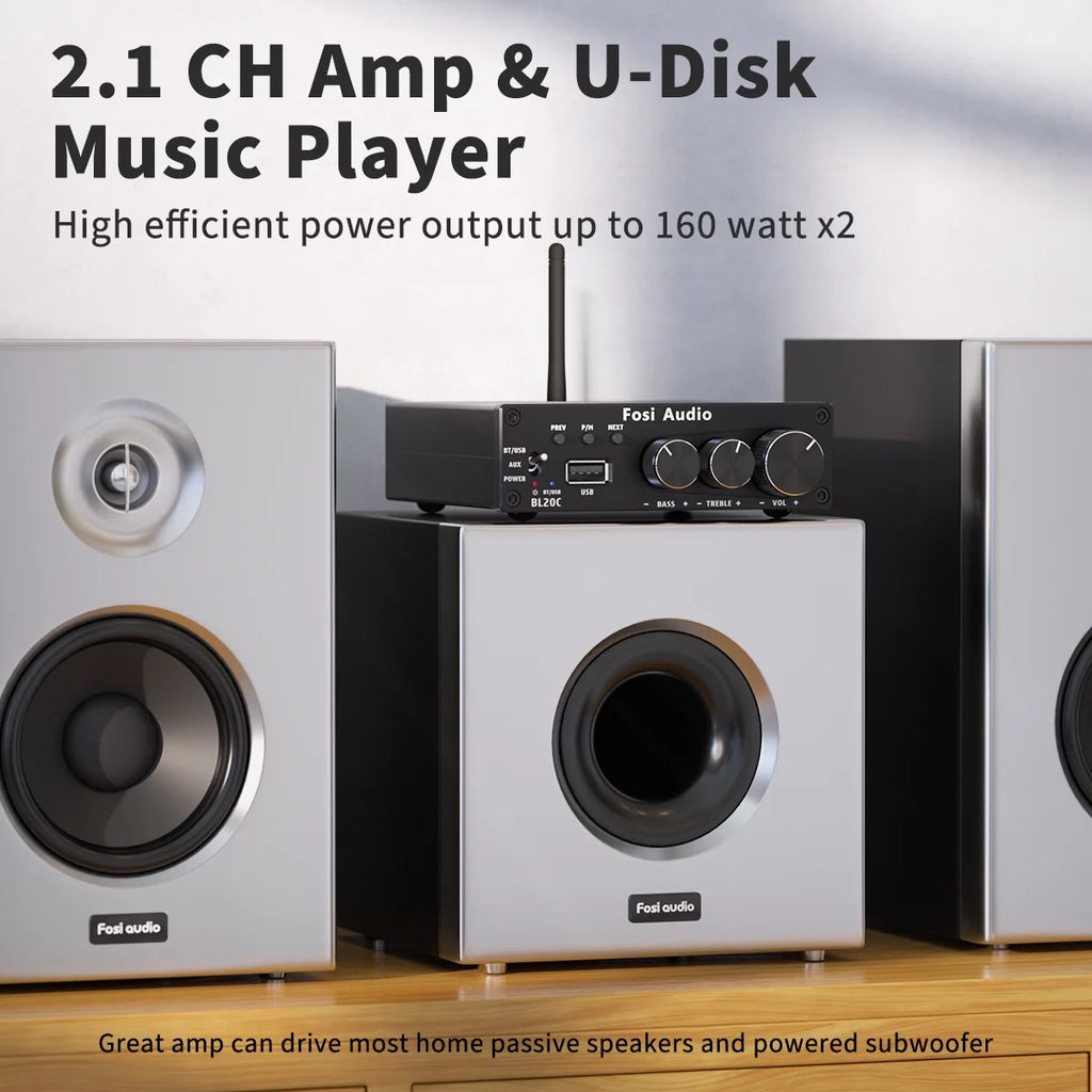 320 Watts Bluetooth 5.0 Stereo Audio Receiver Amplifier 2.1 CH Mini Hi-Fi Class D Integrated Amp for Home Passive Speakers Powered Subwoofer K4132