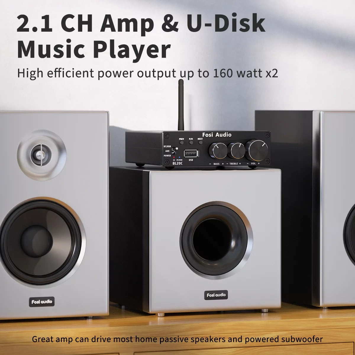 320 Watts Bluetooth 5.0 Stereo Audio Receiver Amplifier 2.1 CH Mini Hi-Fi Class D Integrated Amp for Home Passive Speakers Powered Subwoofer K4132