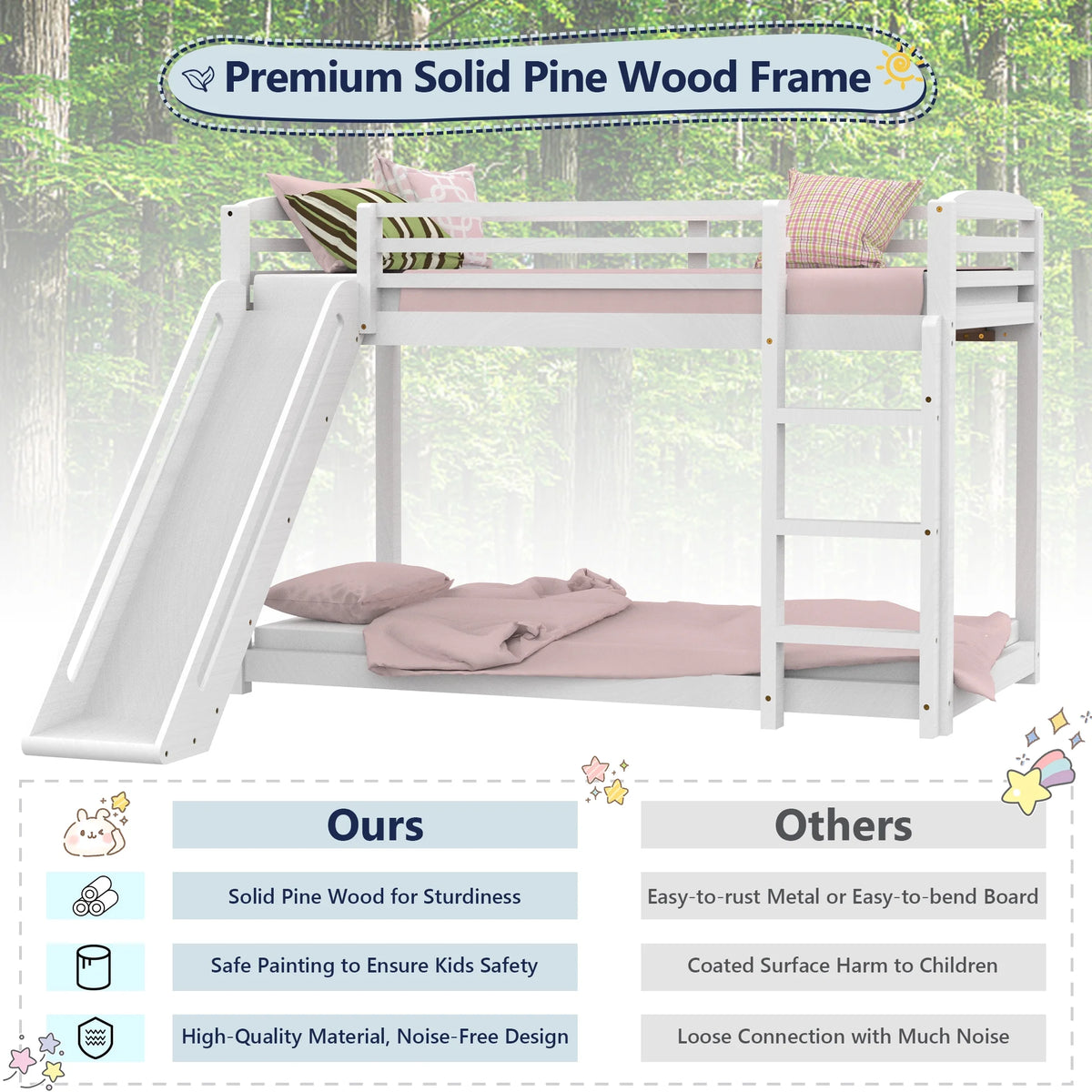 Twin over Twin White Wood Bunk Bed with Slide and Ladder U2214