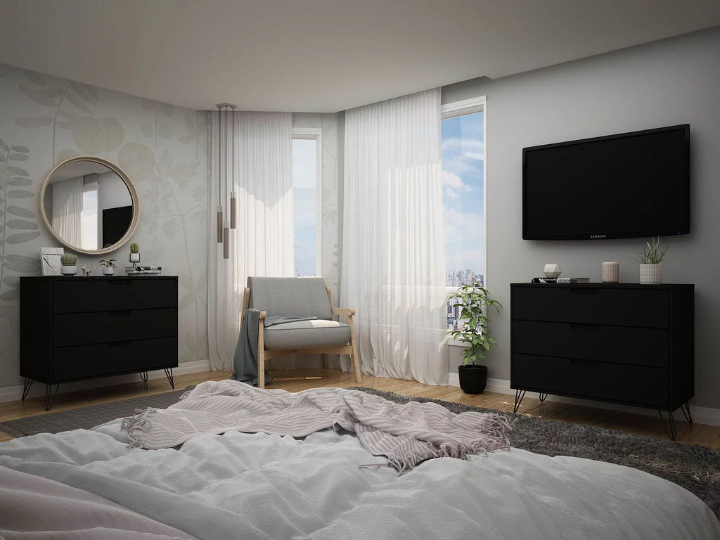 Black 3-Drawer Wood Dresser Set of 2 F686