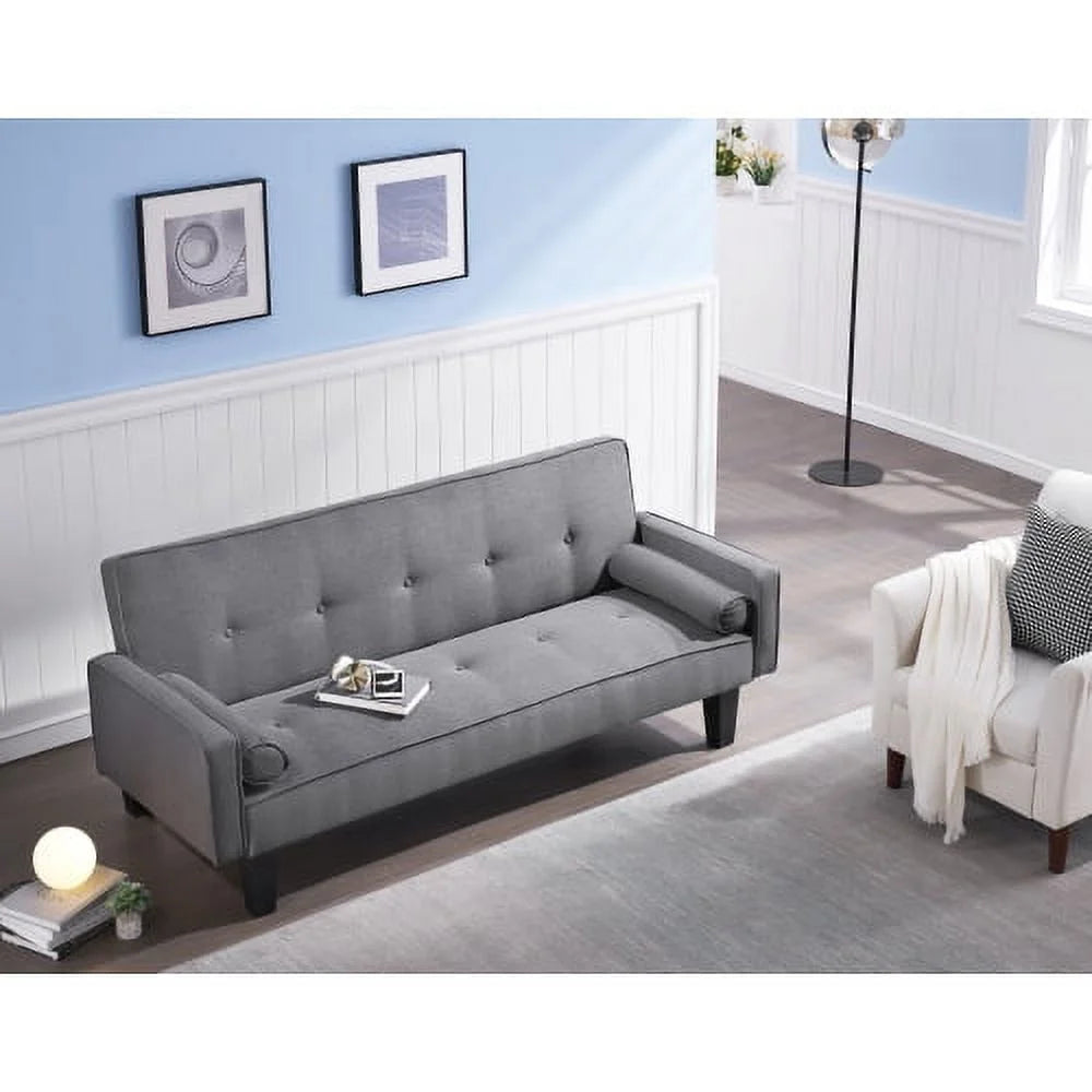 72" Dark Grey Cotton Linen Convertible Sofa Bed with Two Pillows N386