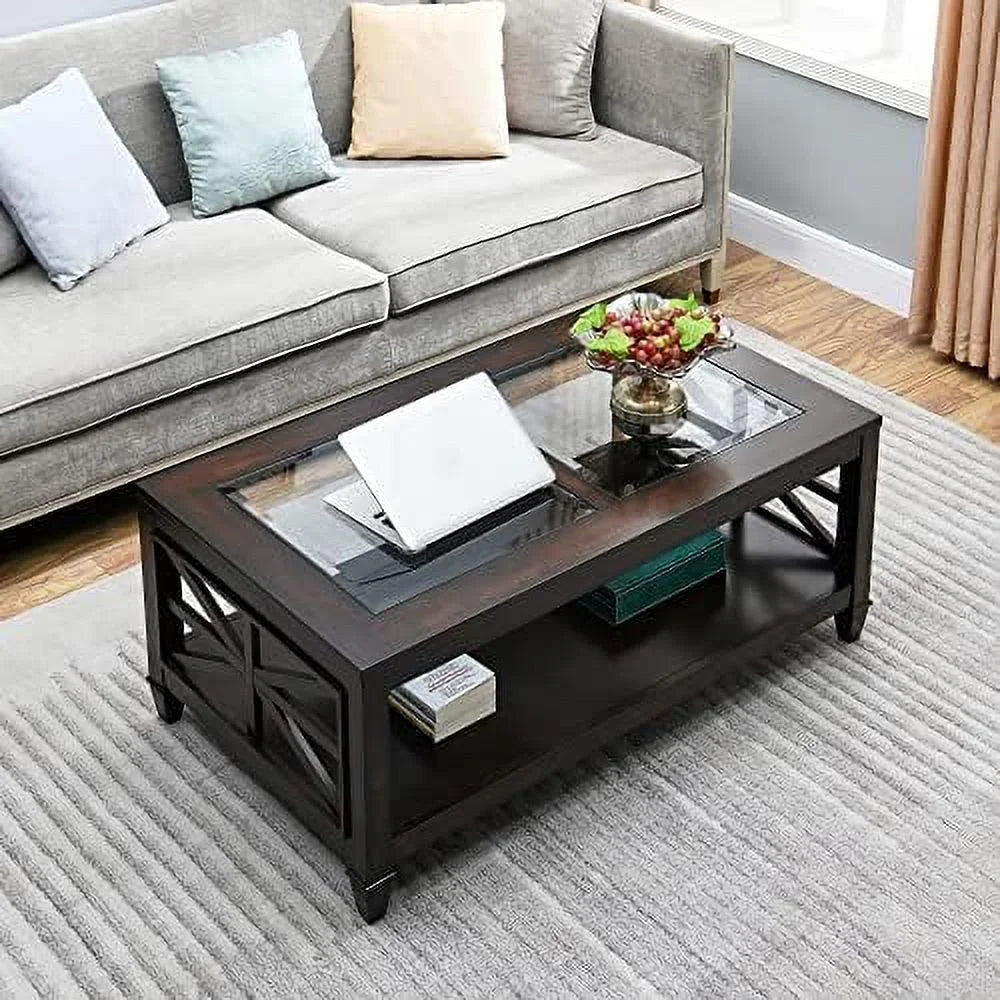 Solid Wood Coffee Table with Tempered Glass Top S67837