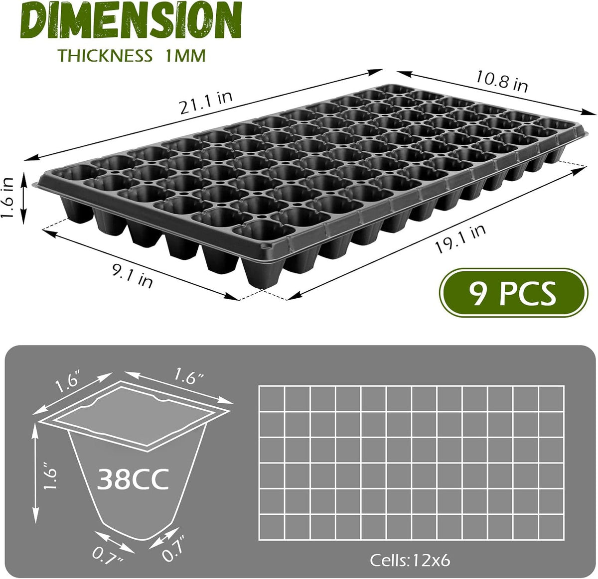 18 Pcs Seed Starter Tray with Base Tray, 72 Cells, No Drain Holes, Pack of 2 W534