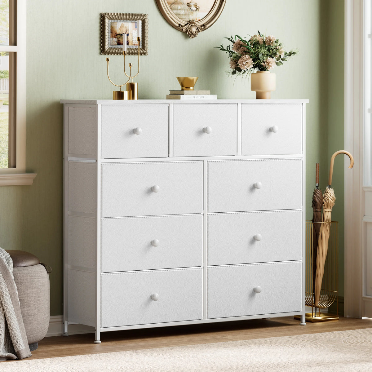 9 Drawer Fabric Dresser with Leather Finish F72060