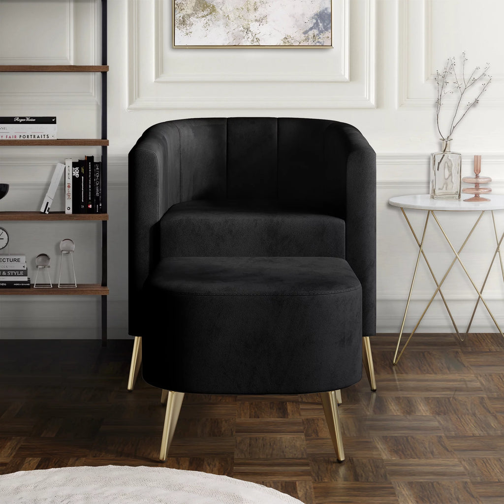 Black Velvet Upholstered Accent Chair with Stool K309