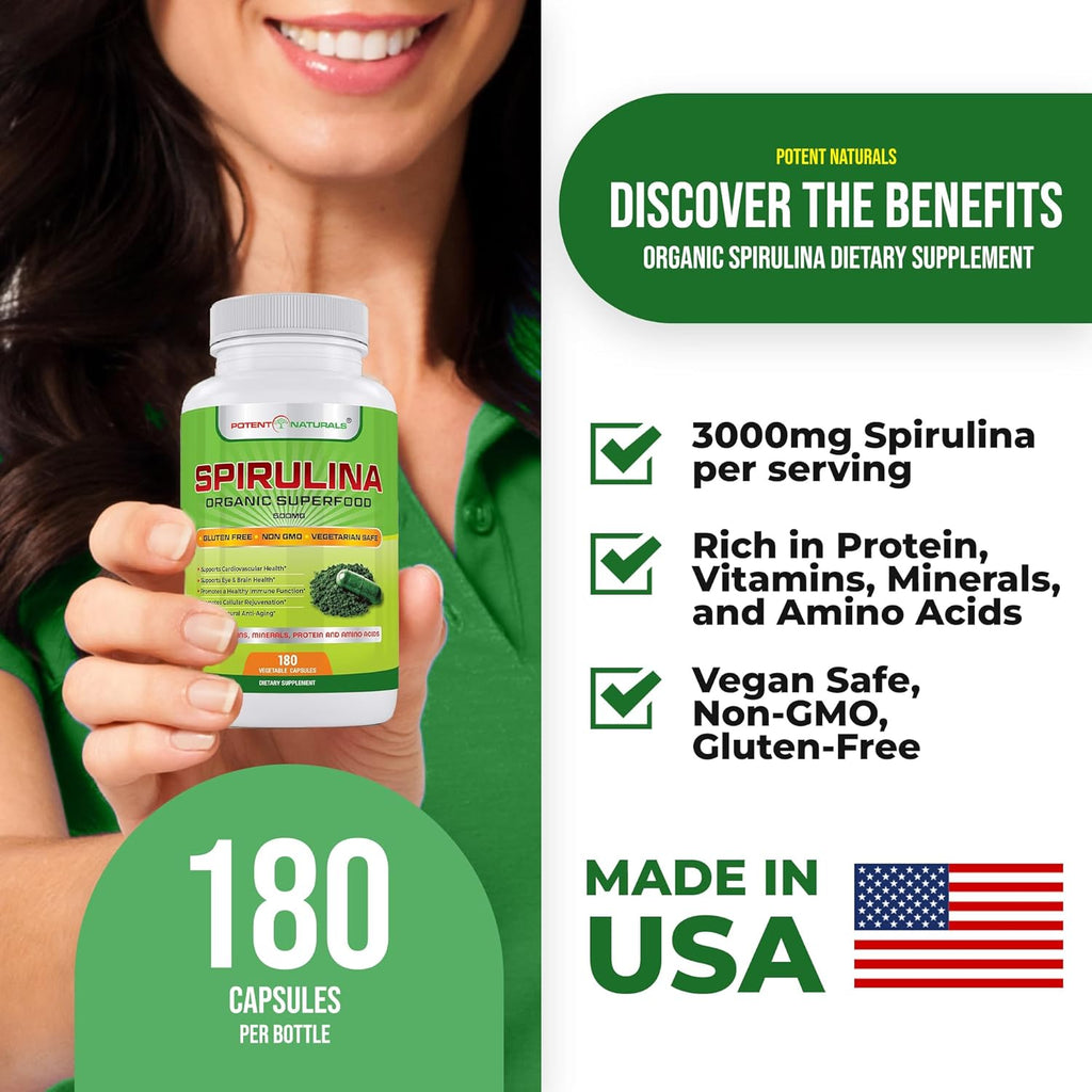 Organic Spirulina 3000mg Dietary Supplement, 180 Capsules E404
