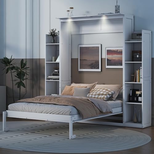 White Full Size Wood Murphy Bed with Shelves and Led Lights B613