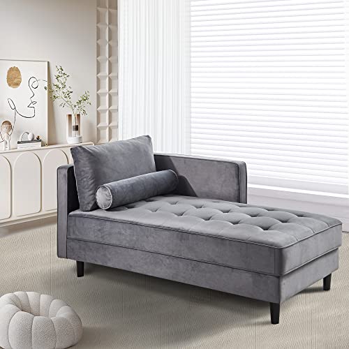 64" Upholstered Velvet Chaise Lounge with Left Armrest & Lumbar Pillow V155657