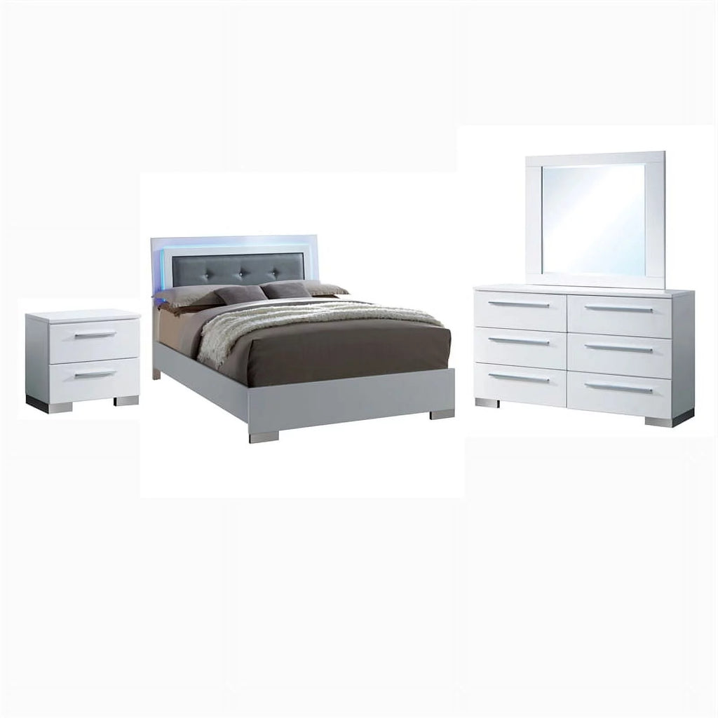 4pc Glossy White Wood Bedroom Set King Nightstand Dresser Mirror Y709890