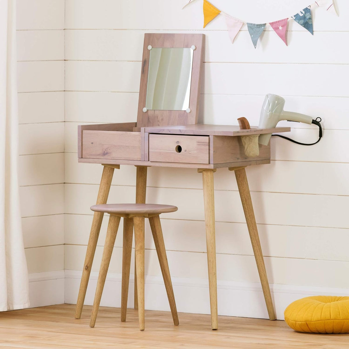 Solid Wood Vanity Table with Stool Set Blue Y49534