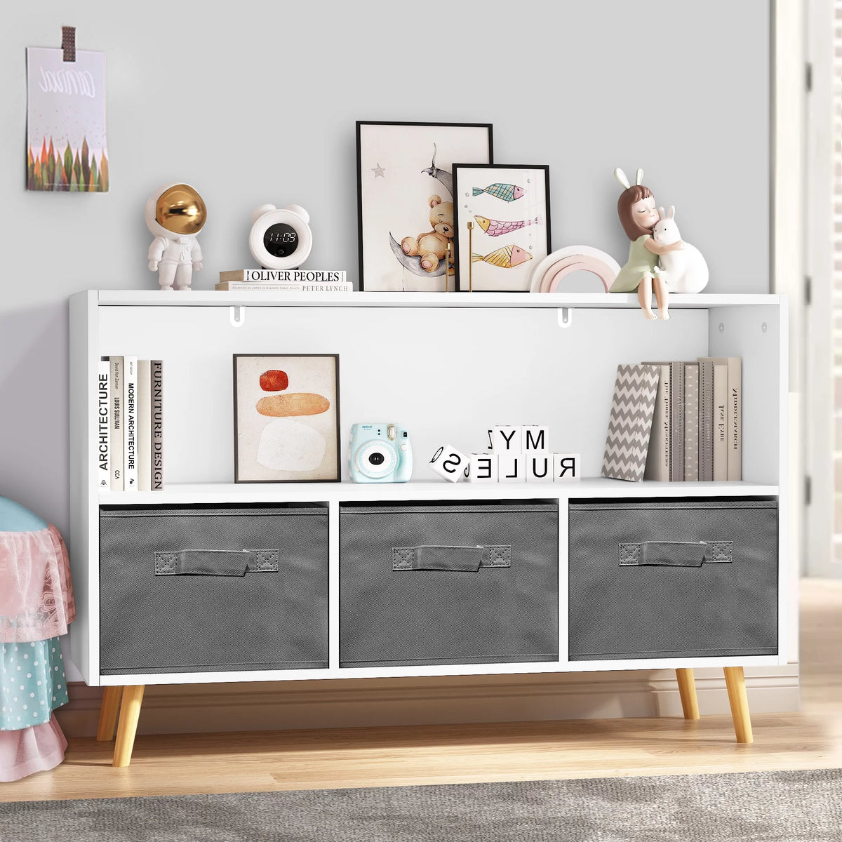 White Kid's Toy Storage Cabinet with Collapsible Fabric Drawers Z265