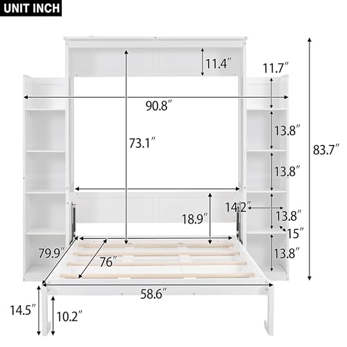 White Full Size Wood Murphy Bed with Shelves and Led Lights B613