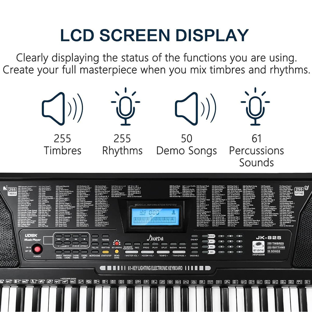 61 Key Portable Electronic Keyboard Piano with Lighted Full Size Keys, LCD, Headphones, X-Stand, Stool, Music Rest, Microphone, Note Stickers, Built-In Speakers, 3 Teaching Modes Y83073