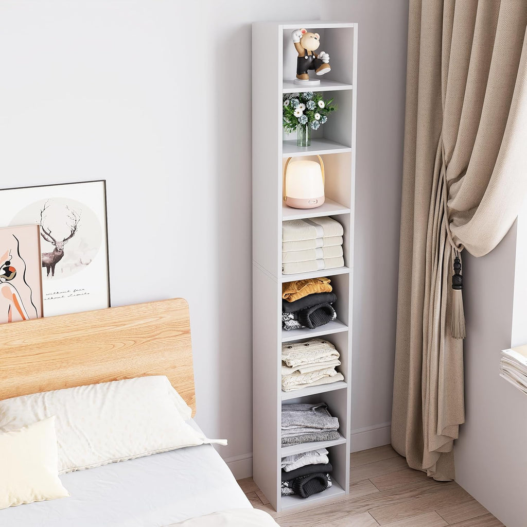 White 8-Tier Narrow Bookshelf with Adjustable Shelves L811