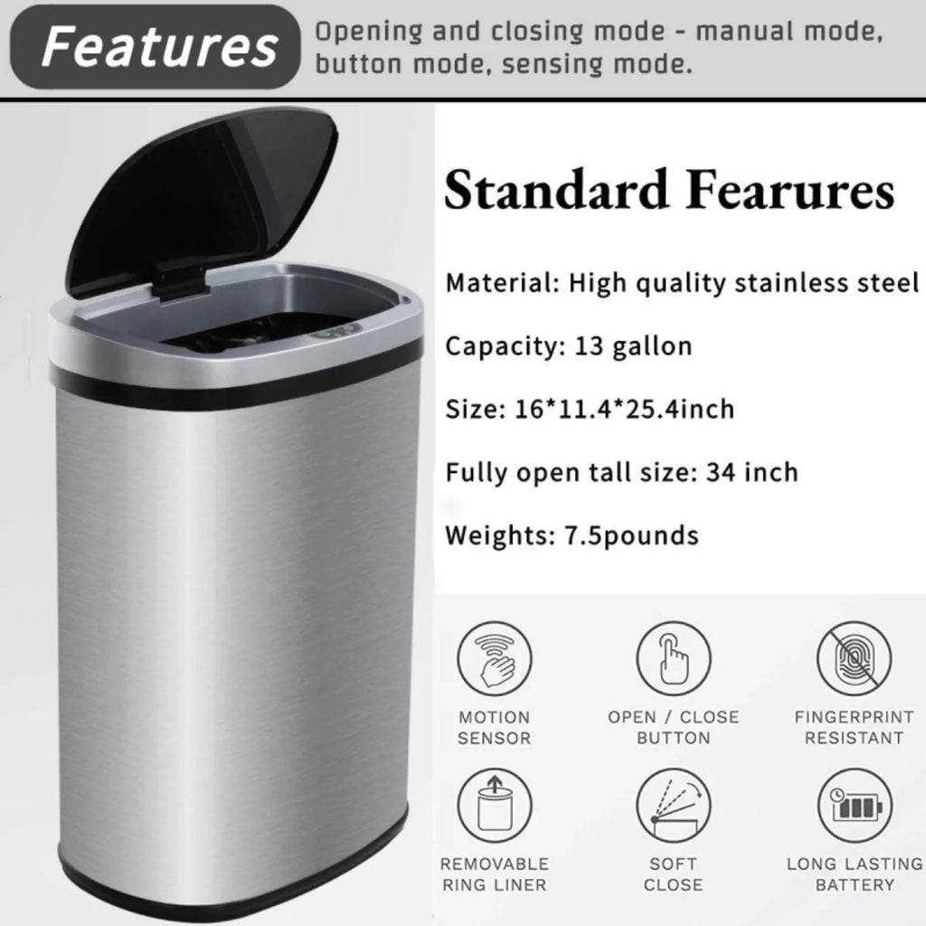 13 Gallon Stainless-Steel Automatic Motion Sensor Trash Can I477909