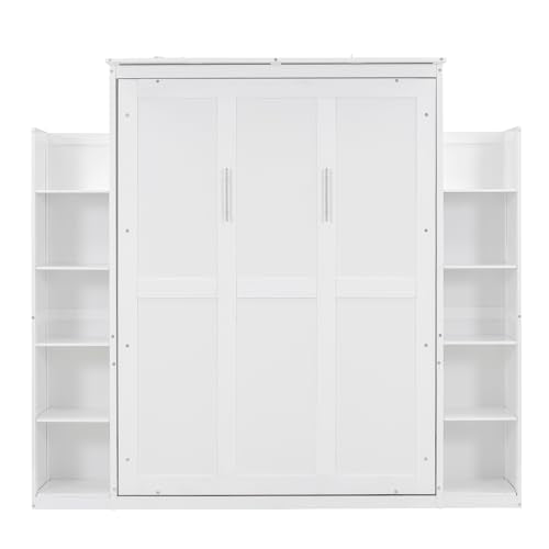 White Full Size Wood Murphy Bed with Shelves and Led Lights B613