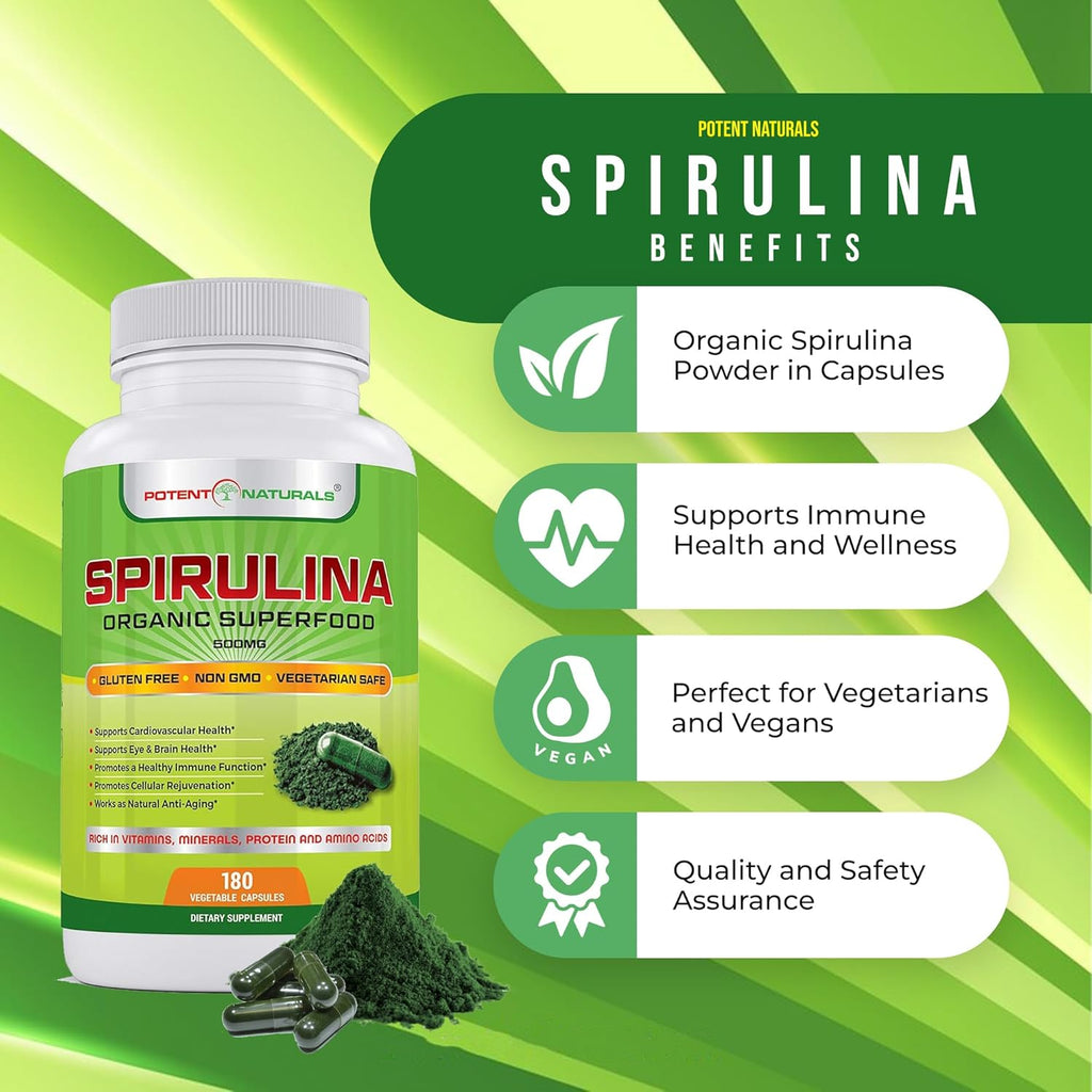 Organic Spirulina 3000mg Dietary Supplement, 180 Capsules E404