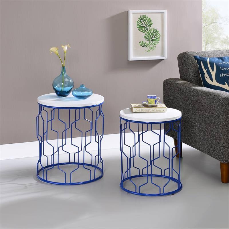 Blue and White 2-Piece Metal Nesting Table D2902