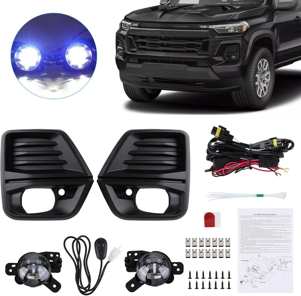 Pair Front Bumper LED Fog Light with Fog Light Cover and Wire Harness Compatible with 2023 2024 Chevy Colorado Fog Lamp Driving Fog Light Lamp (Clear Lens) with Fog Light Bezel, Switch, Wires F846374