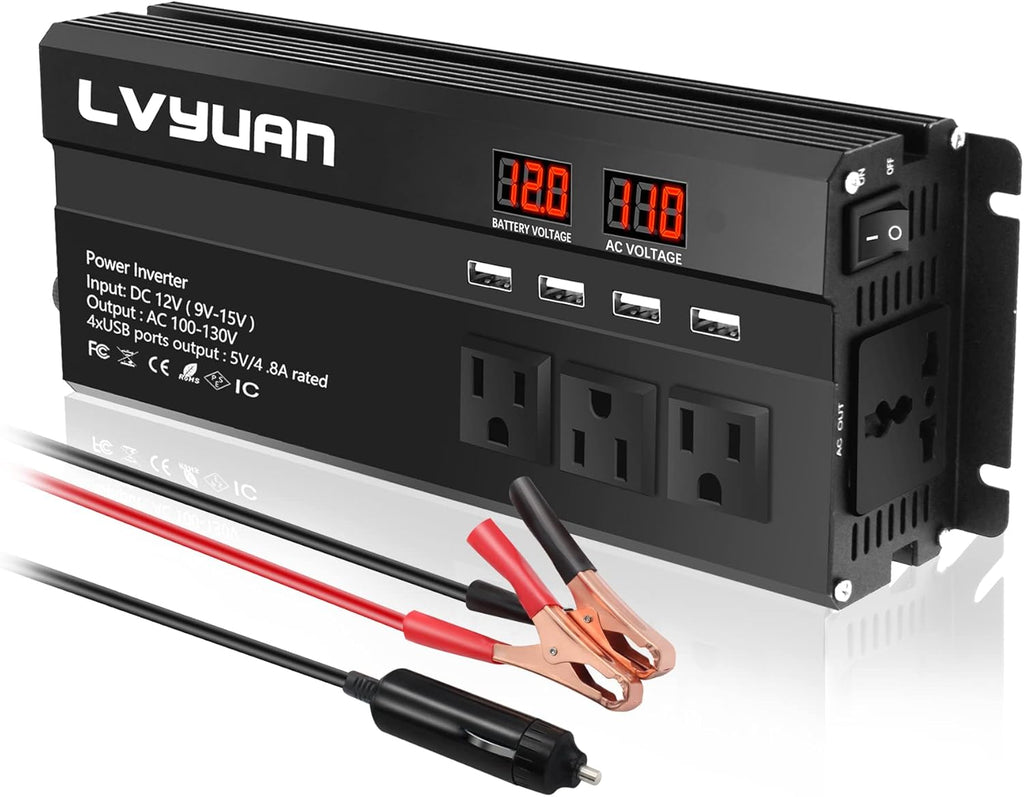 1000W Car Power Inverter 12V to 110V AC with 4 Outlets and 4 USB Ports S5819