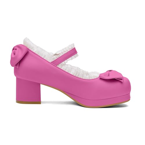 Womens Platform Mary Jane Shoes Ankle Strap Block Mid Thick Heel Pumps with Bow and Lace G260474