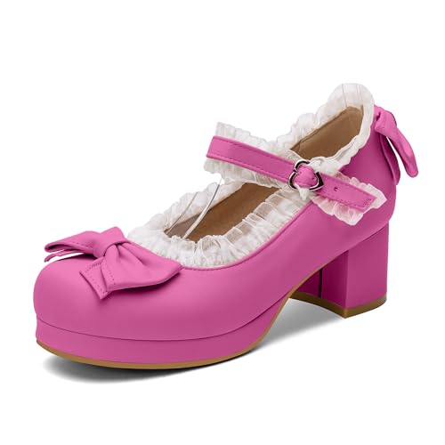 Womens Platform Mary Jane Shoes Ankle Strap Block Mid Thick Heel Pumps with Bow and Lace G260474