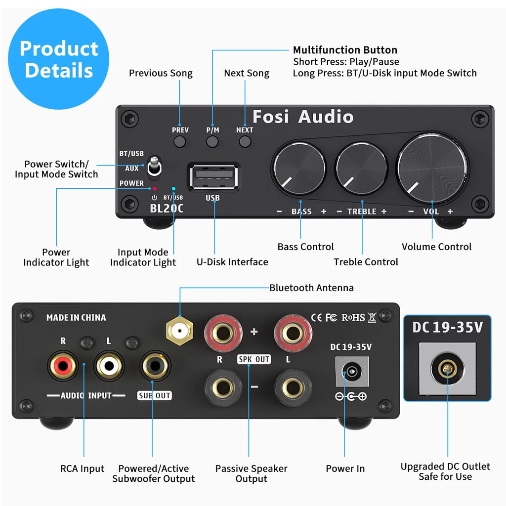 320 Watts Bluetooth 5.0 Stereo Audio Receiver Amplifier 2.1 CH Mini Hi-Fi Class D Integrated Amp for Home Passive Speakers Powered Subwoofer K4132