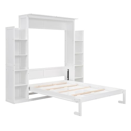 White Full Size Wood Murphy Bed with Shelves and Led Lights B613