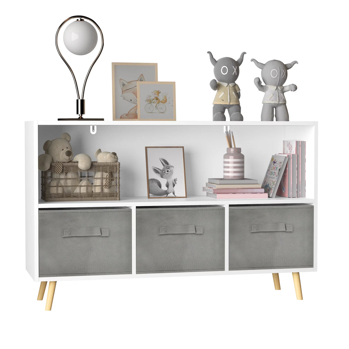 White Kid's Toy Storage Cabinet with Collapsible Fabric Drawers Z265