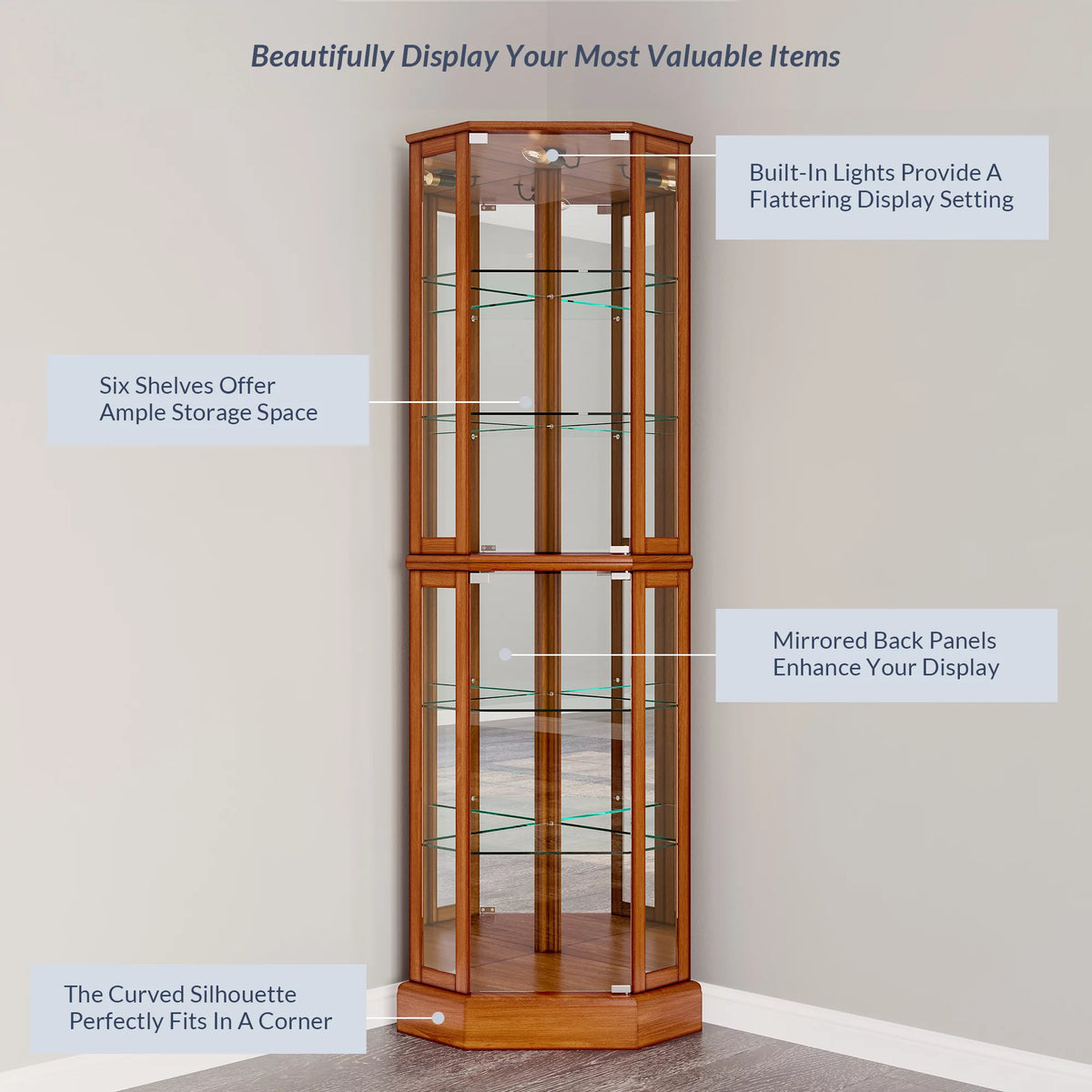 Lighted Corner Curio Cabinet with Tempered Glass Doors and Shelves J645912