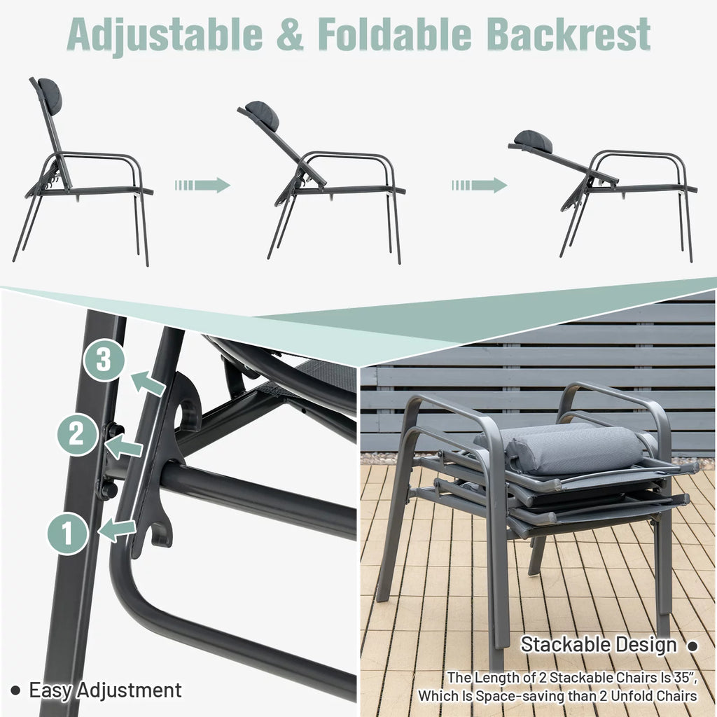 3PCS Adjustable Back Stackable Chairs Side Table Set Black Y49193