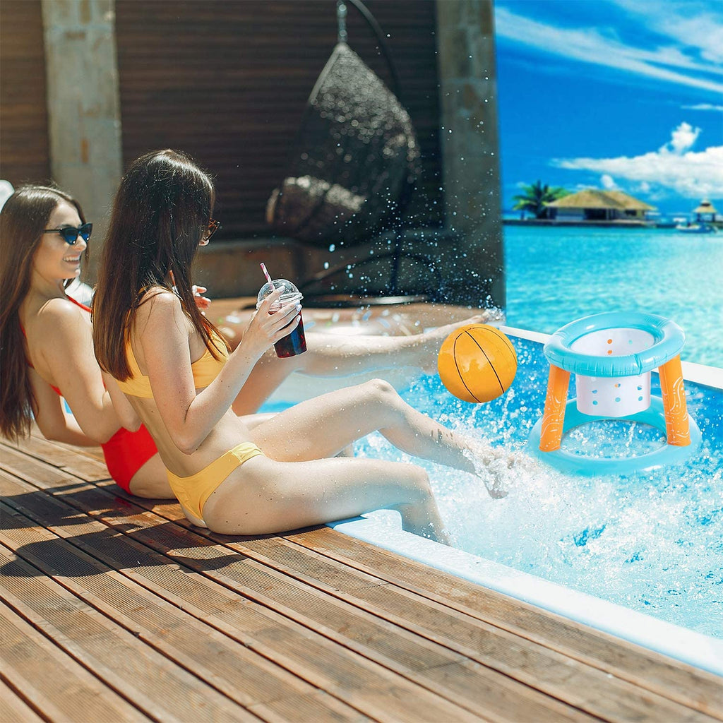 Inflatable Pool Basketball Hoop and Volleyball Set with Pool Net, Weight Bags, Light Blue H7306