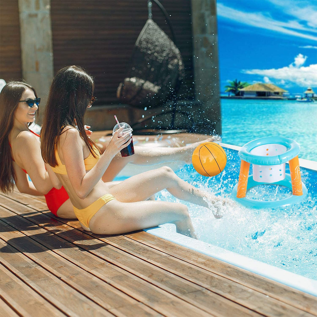 Inflatable Pool Basketball Hoop and Volleyball Set with Pool Net, Weight Bags, Light Blue H7306